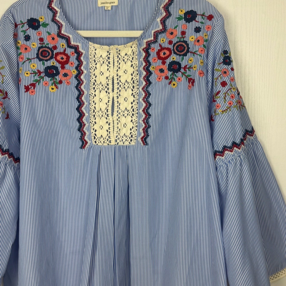 Jennifer Grace Women Striped Embroidered Long Bell Sleeve Blouse Top Size XL - Picture 5 of 15